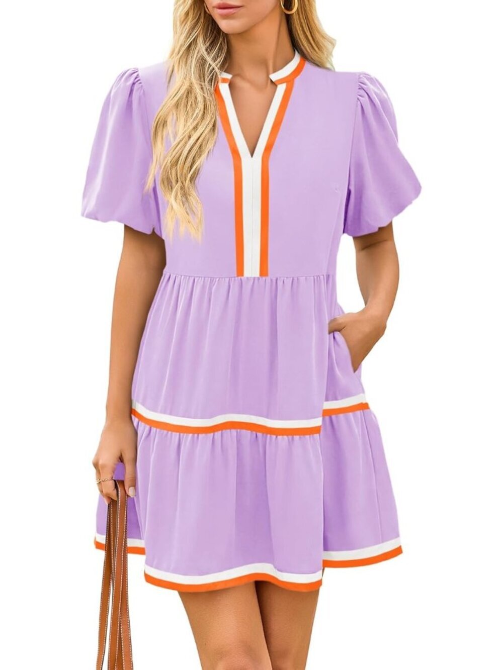 Women's Cute Purple Short Puff Sleeve V Neck Floral Casual Imported Mini Dress